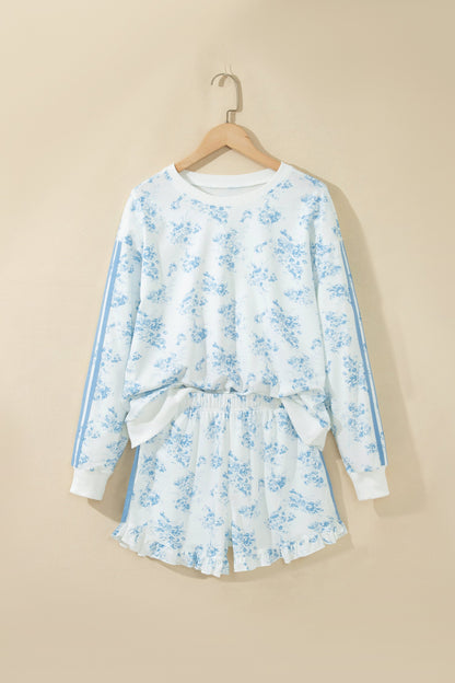 Floral Striped Side Detail Ruffle Hem Top & Shorts Set