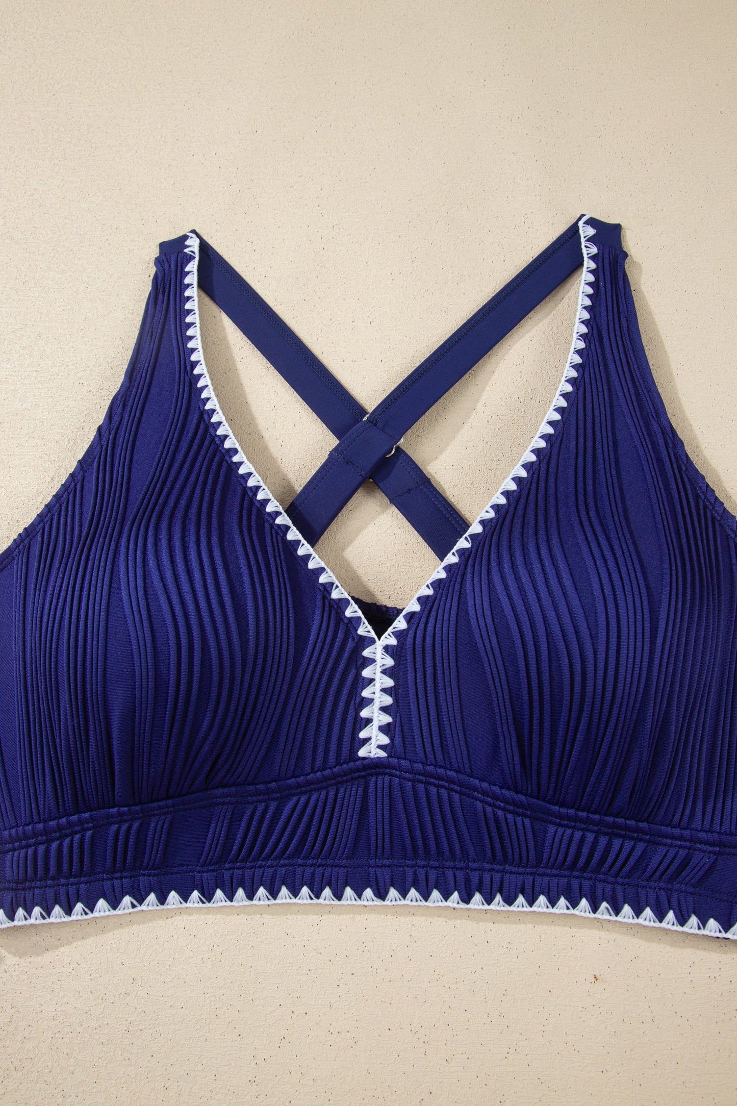 Shell Stitch Trim Textured High Waist Bikini Set