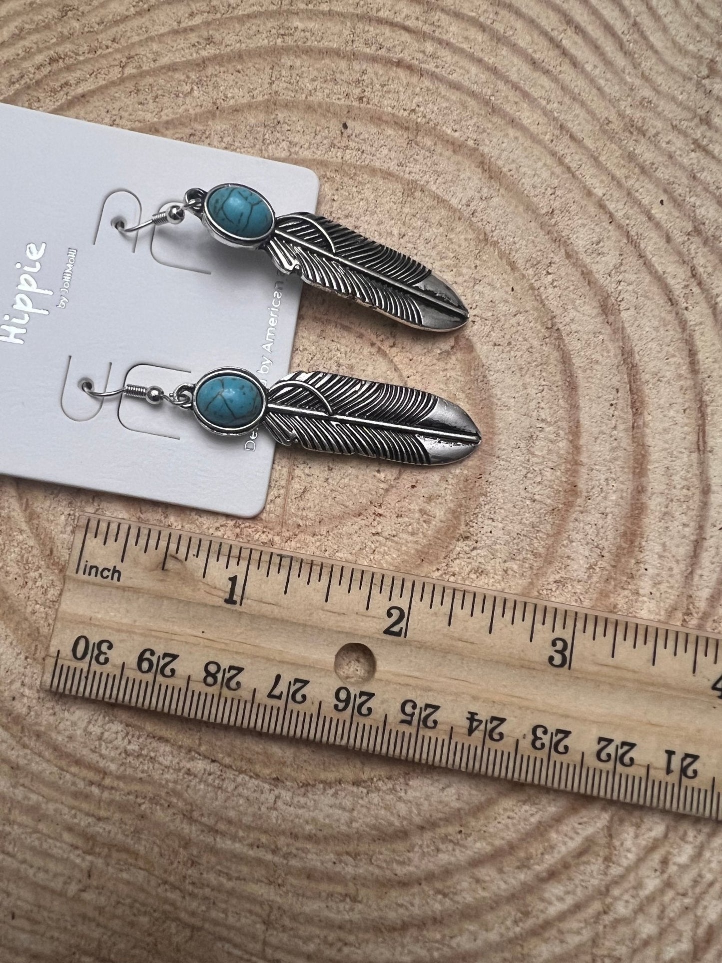 Western Feather Earrings with Faux Turquoise — 2" Drop