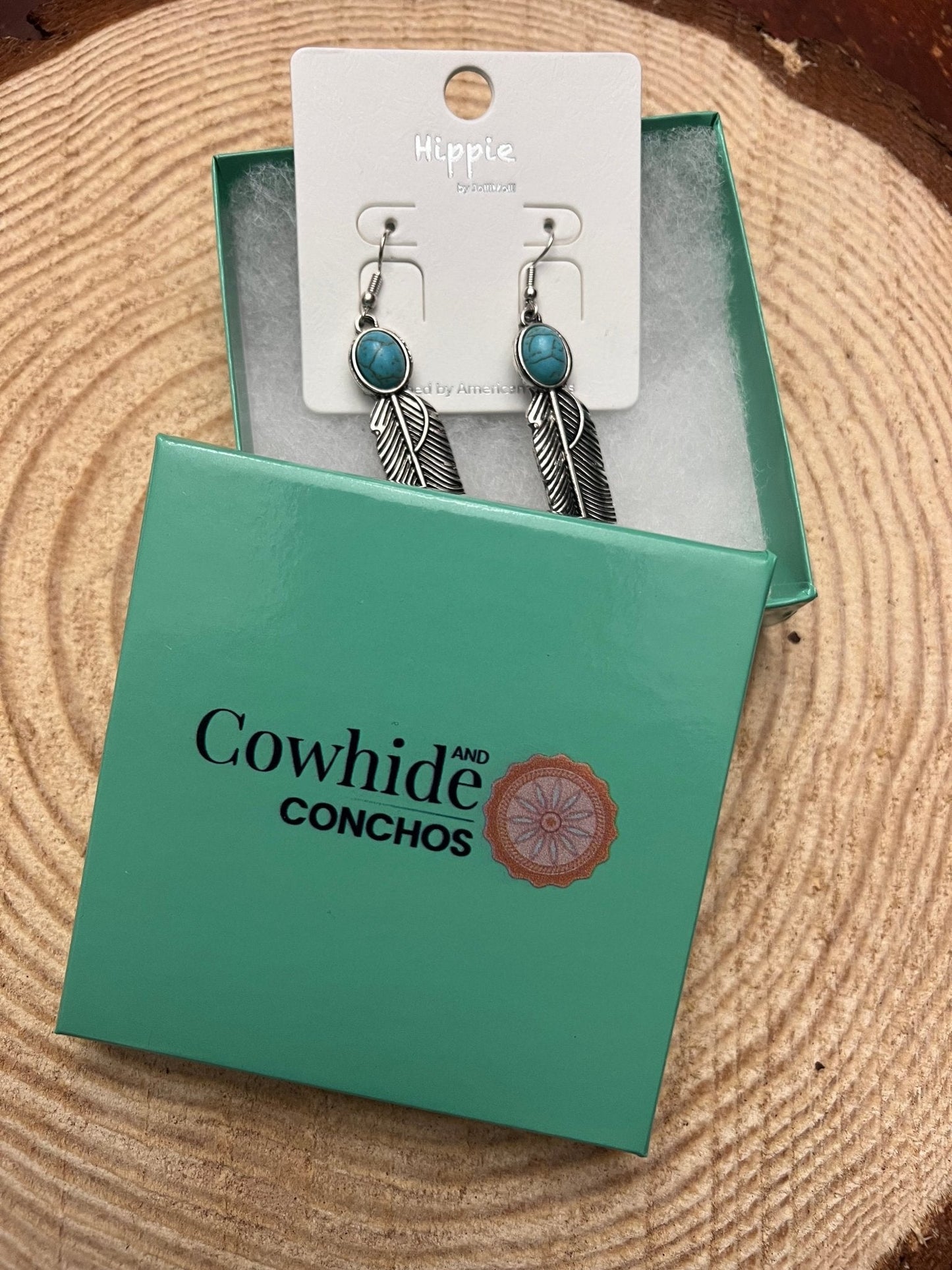 Western Feather Earrings with Faux Turquoise — 2" Drop
