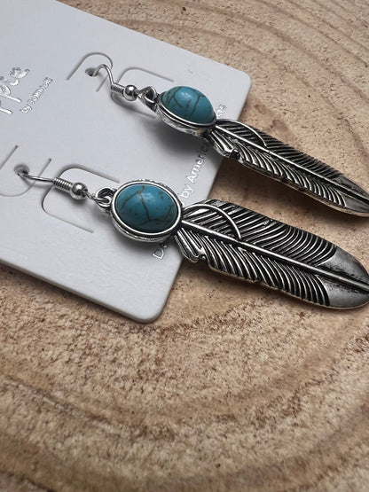 Western Feather Earrings with Faux Turquoise — 2" Drop