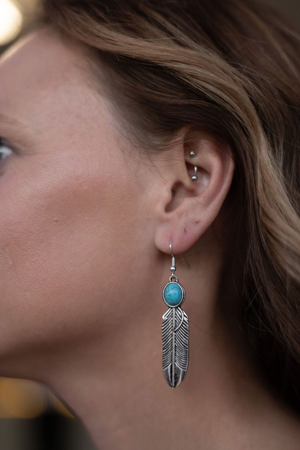 Western Feather Earrings with Faux Turquoise — 2" Drop