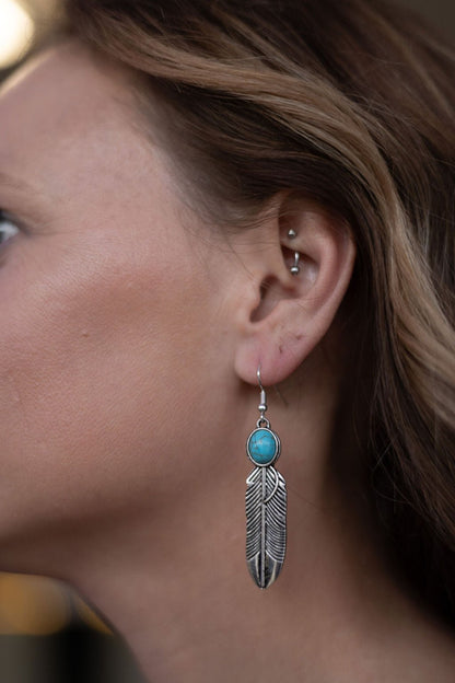 Western Feather Earrings with Faux Turquoise — 2" Drop