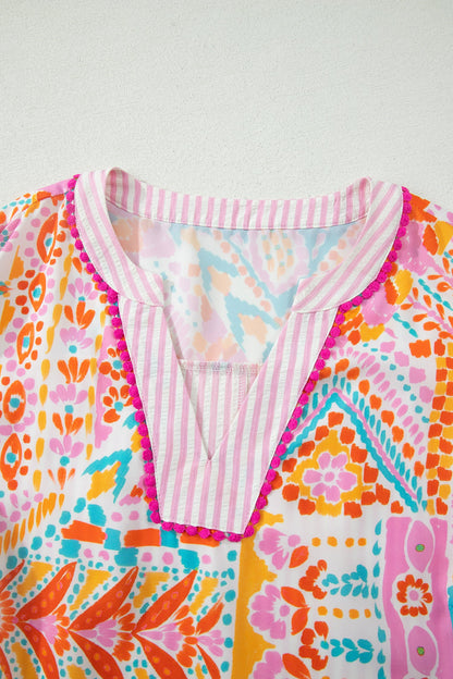 Plus Size Geometric Stripe Contrast Trim V-Neck Blouse