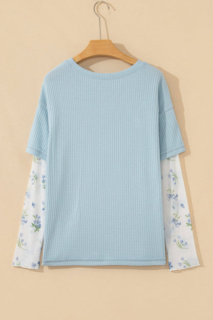 Floral Mesh Patchwork Waffle Fake Two-Piece Top