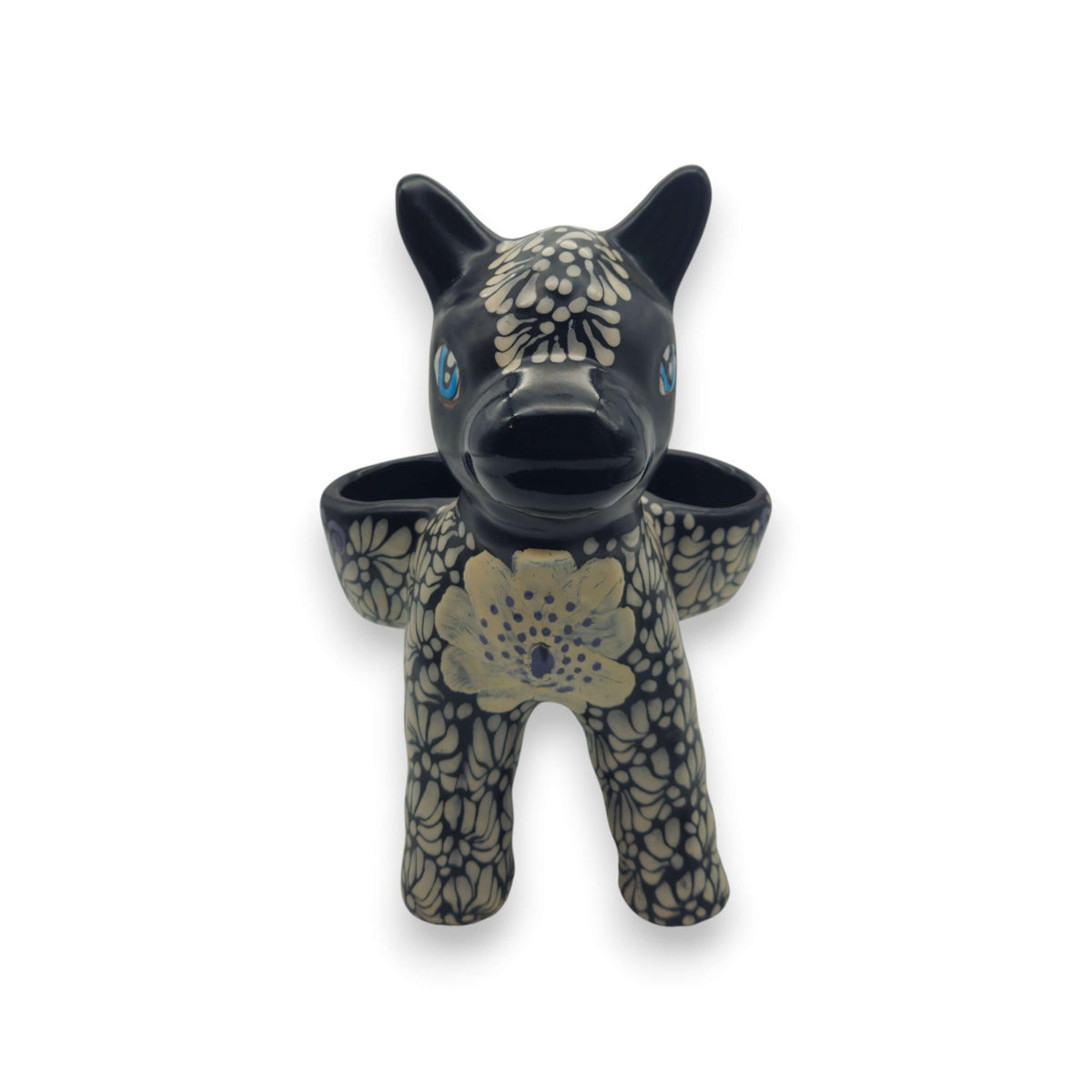 Floral Black & White Talavera Donkey Planter | Mexican Pottery