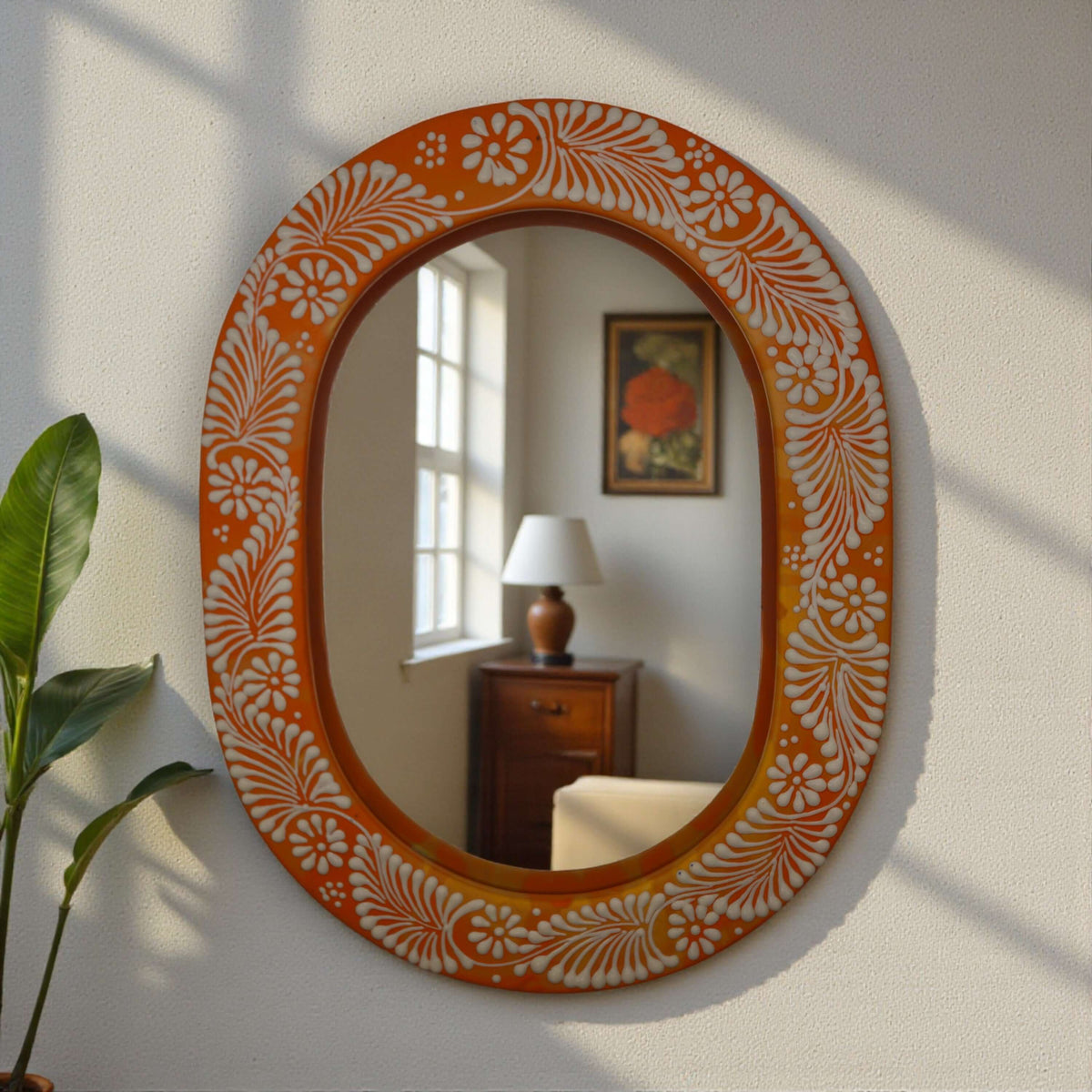 Floral Brown & White Talavera Mirror | Handmade Mexican Art