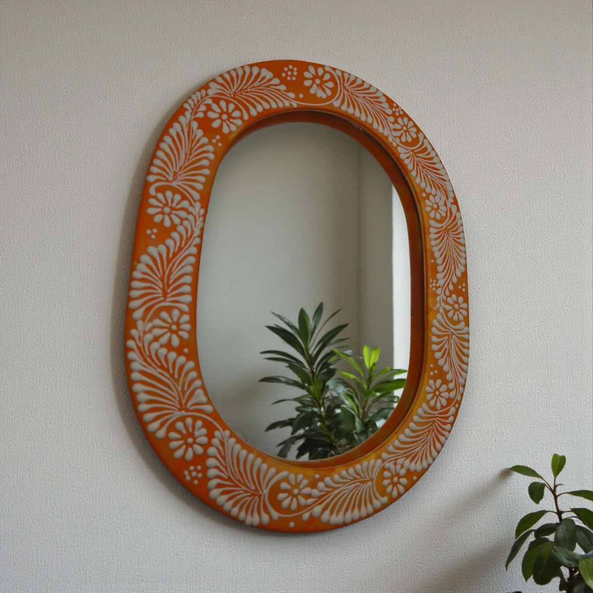Floral Brown & White Talavera Mirror | Handmade Mexican Art