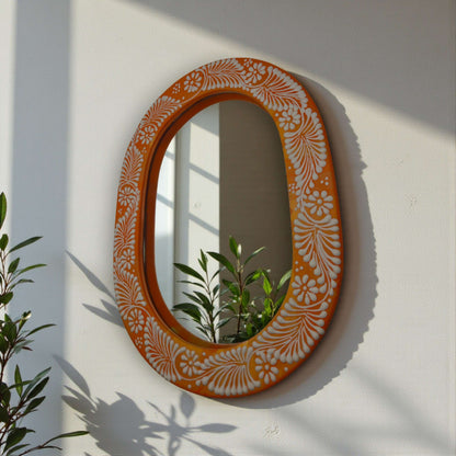 Floral Brown & White Talavera Mirror | Handmade Mexican Art