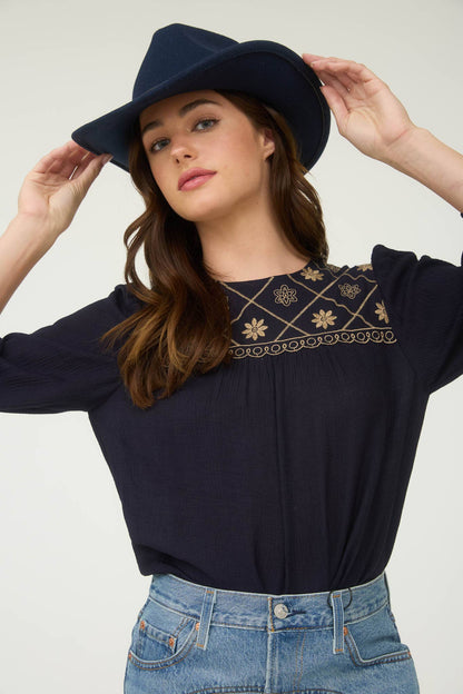 Floral Embroidered Yoke 3/4 Sleeve Blouse -medium remains