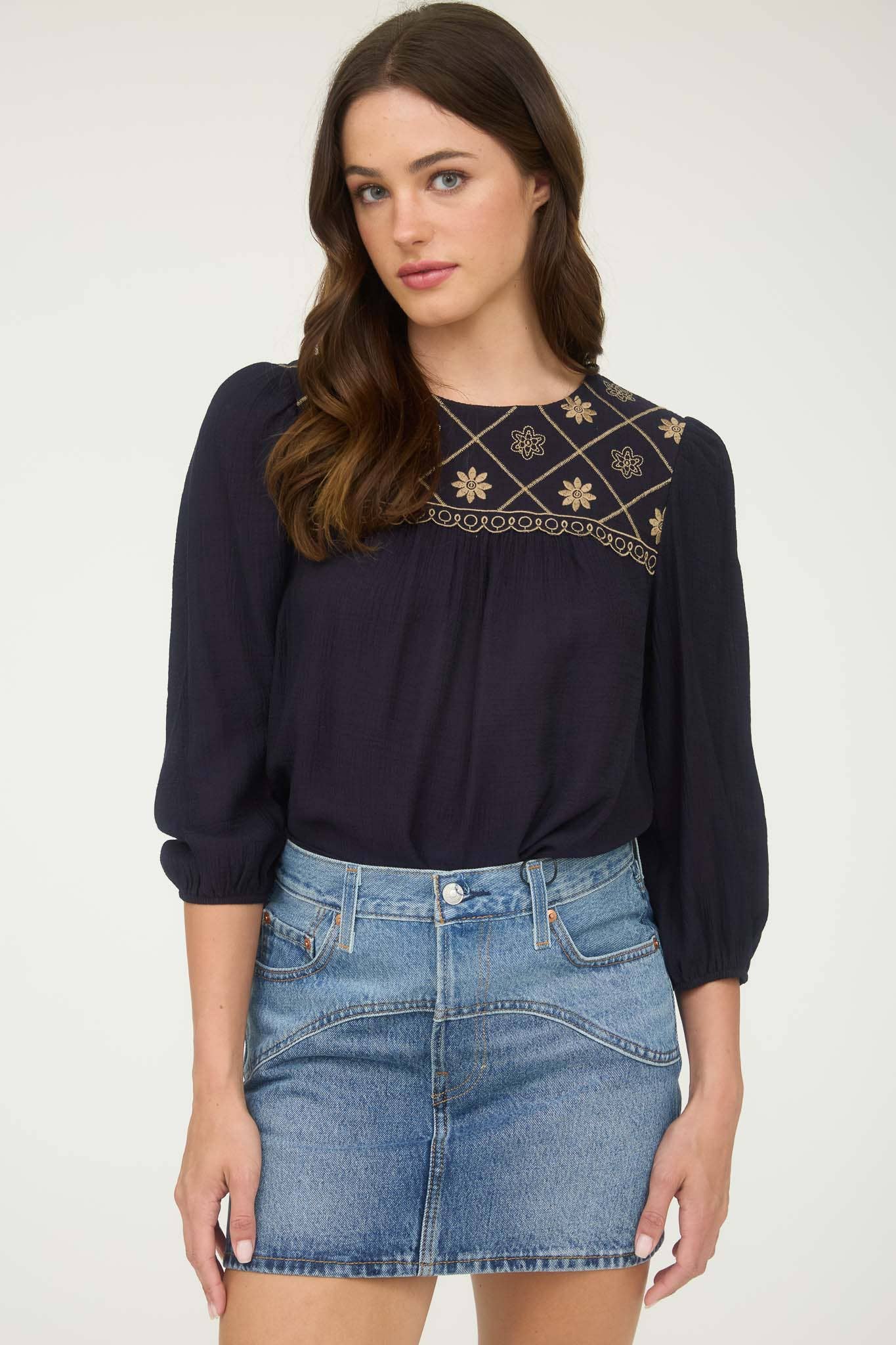 Floral Embroidered Yoke 3/4 Sleeve Blouse -medium remains