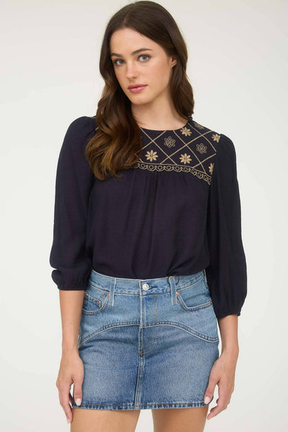 Floral Embroidered Yoke 3/4 Sleeve Blouse -medium remains