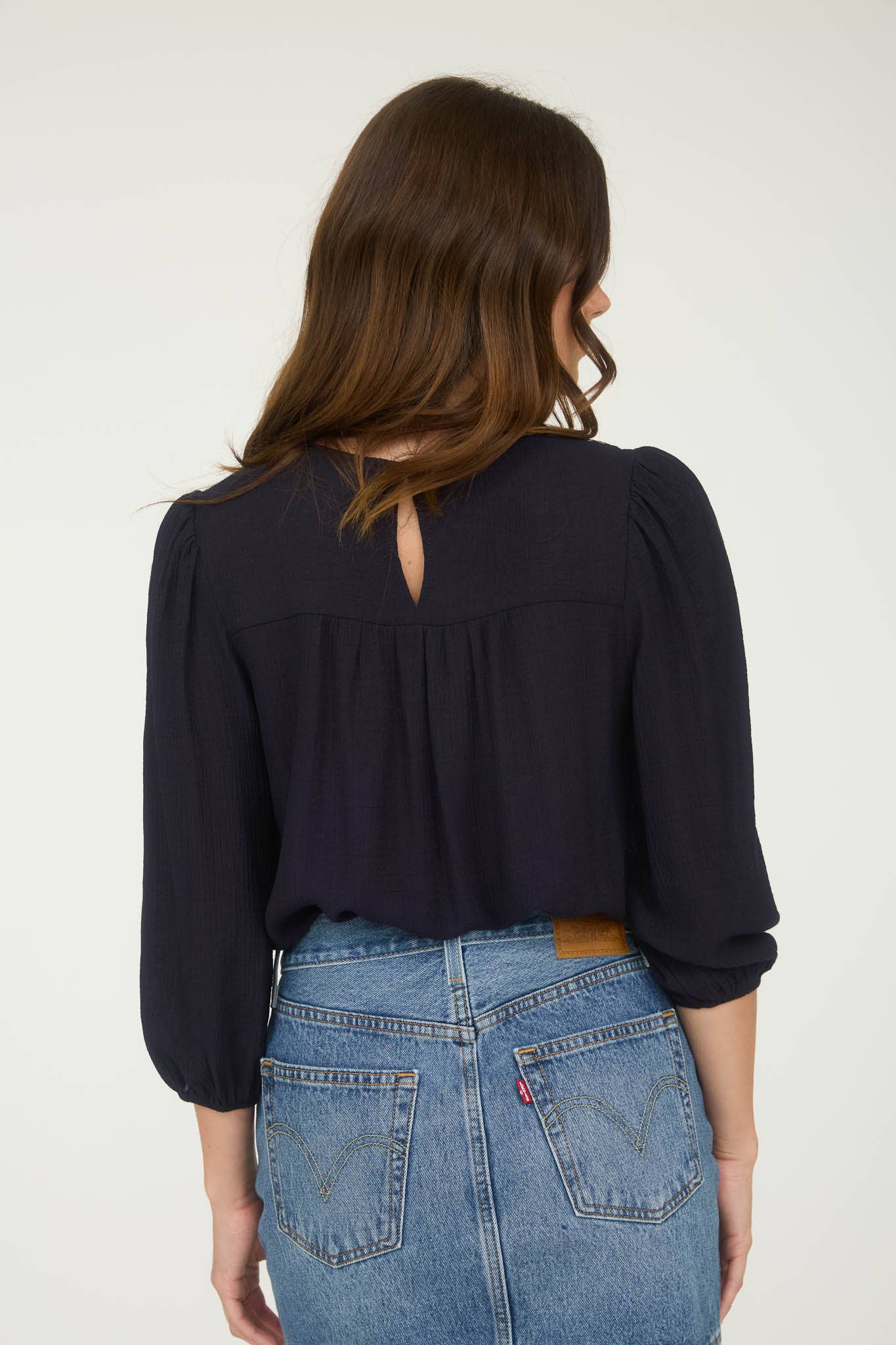 Floral Embroidered Yoke 3/4 Sleeve Blouse -medium remains