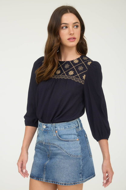 Floral Embroidered Yoke 3/4 Sleeve Blouse -medium remains