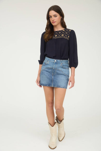 Floral Embroidered Yoke 3/4 Sleeve Blouse -medium remains