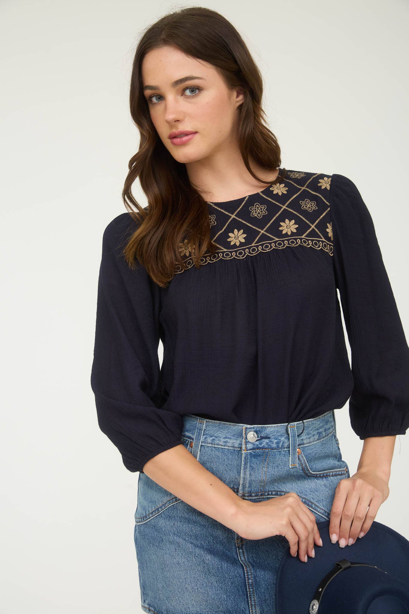 Floral Embroidered Yoke 3/4 Sleeve Blouse -medium remains