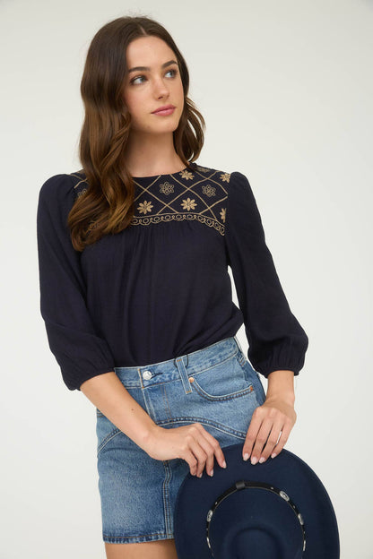 Floral Embroidered Yoke 3/4 Sleeve Blouse -medium remains