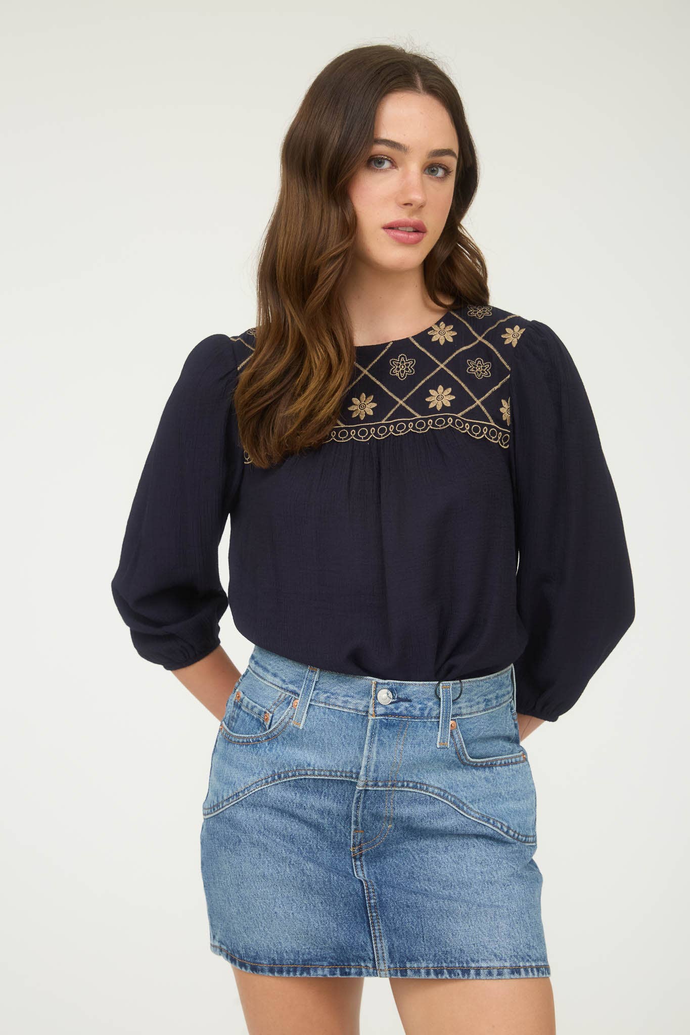 Floral Embroidered Yoke 3/4 Sleeve Blouse -medium remains
