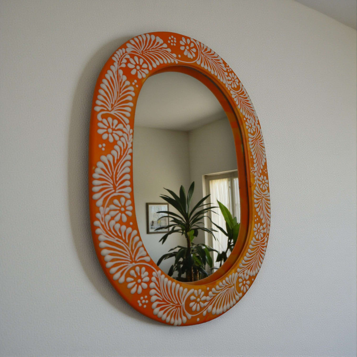 Floral Brown & White Talavera Mirror | Handmade Mexican Art