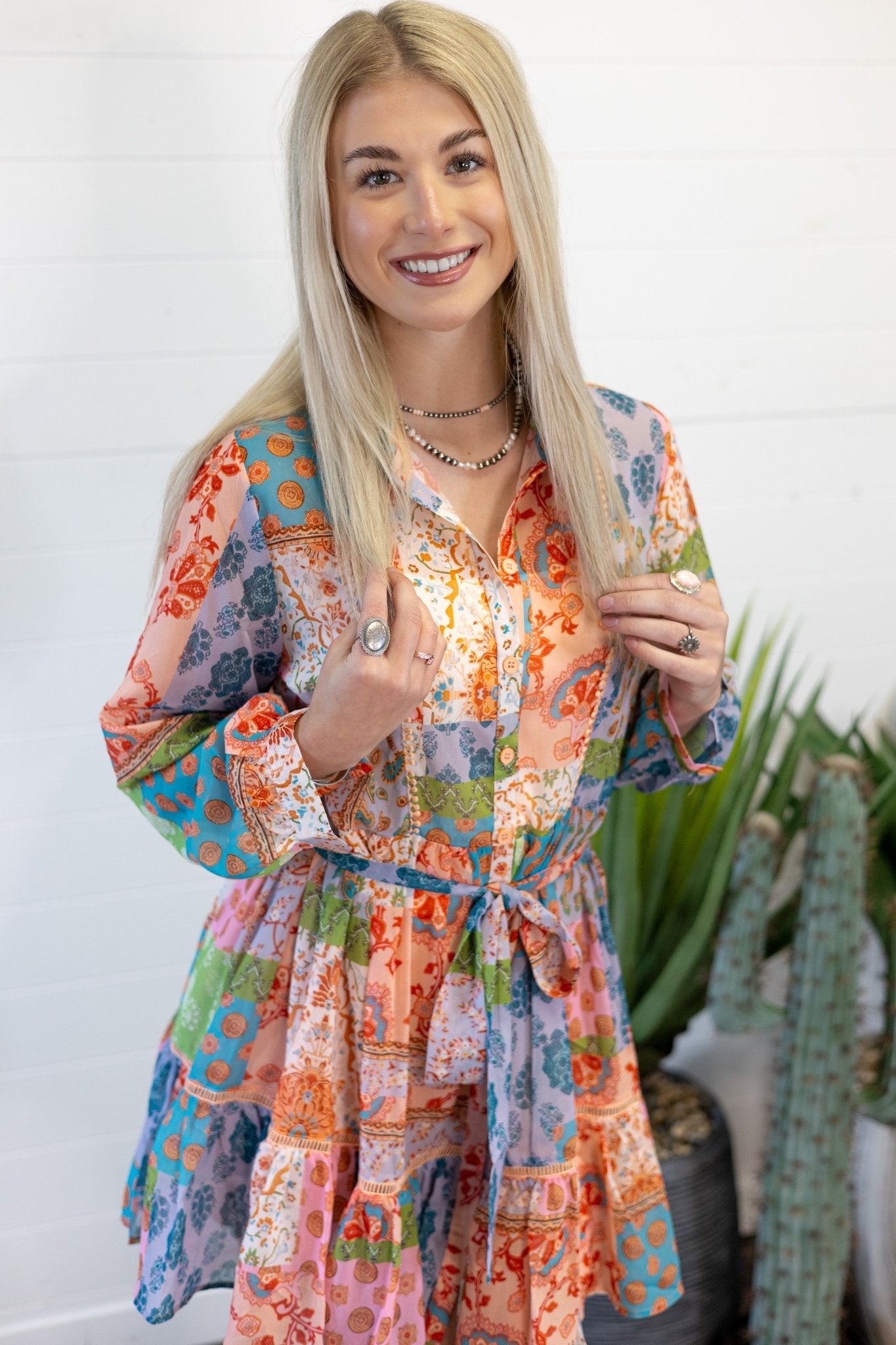 Sweet Generis Boho Floral Patchwork Chiffon Western Shirt Dress — Mid-Thigh with Collar & Adjustable Waist Tie