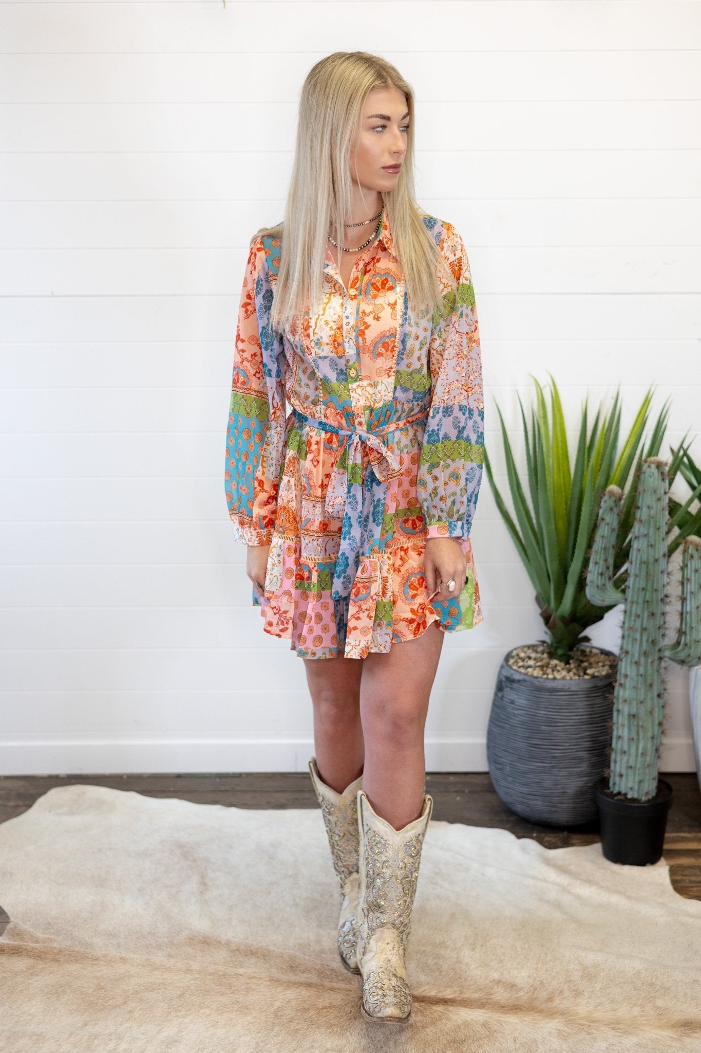 Sweet Generis Boho Floral Patchwork Chiffon Western Shirt Dress — Mid-Thigh with Collar & Adjustable Waist Tie