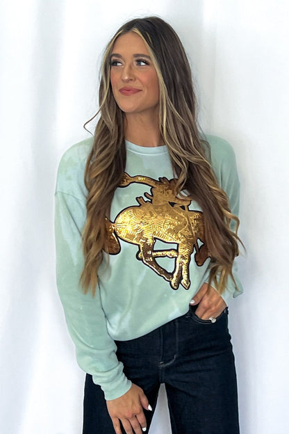 Crazy Consuela "Gold Sequin Horse" Bleached Western Sweatshirt — Bella + Canvas Aqua Sky Background with Cowboy Patch