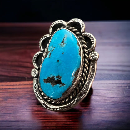 Large Blue Turquoise Cabochon Sterling Silver Statement Ring — Size 7 (1" Wide × 1 1/4" Long)