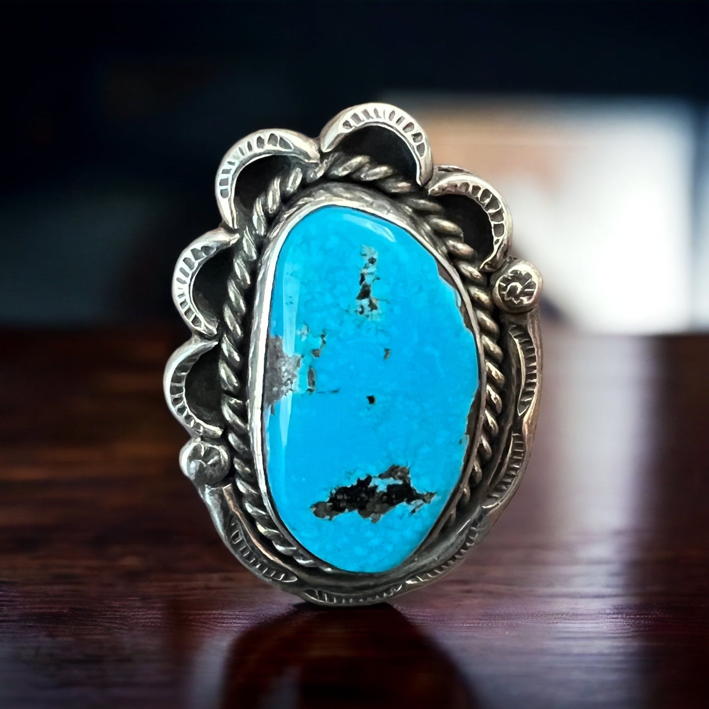 Large Blue Turquoise Cabochon Sterling Silver Statement Ring — Size 7 (1" Wide × 1 1/4" Long)