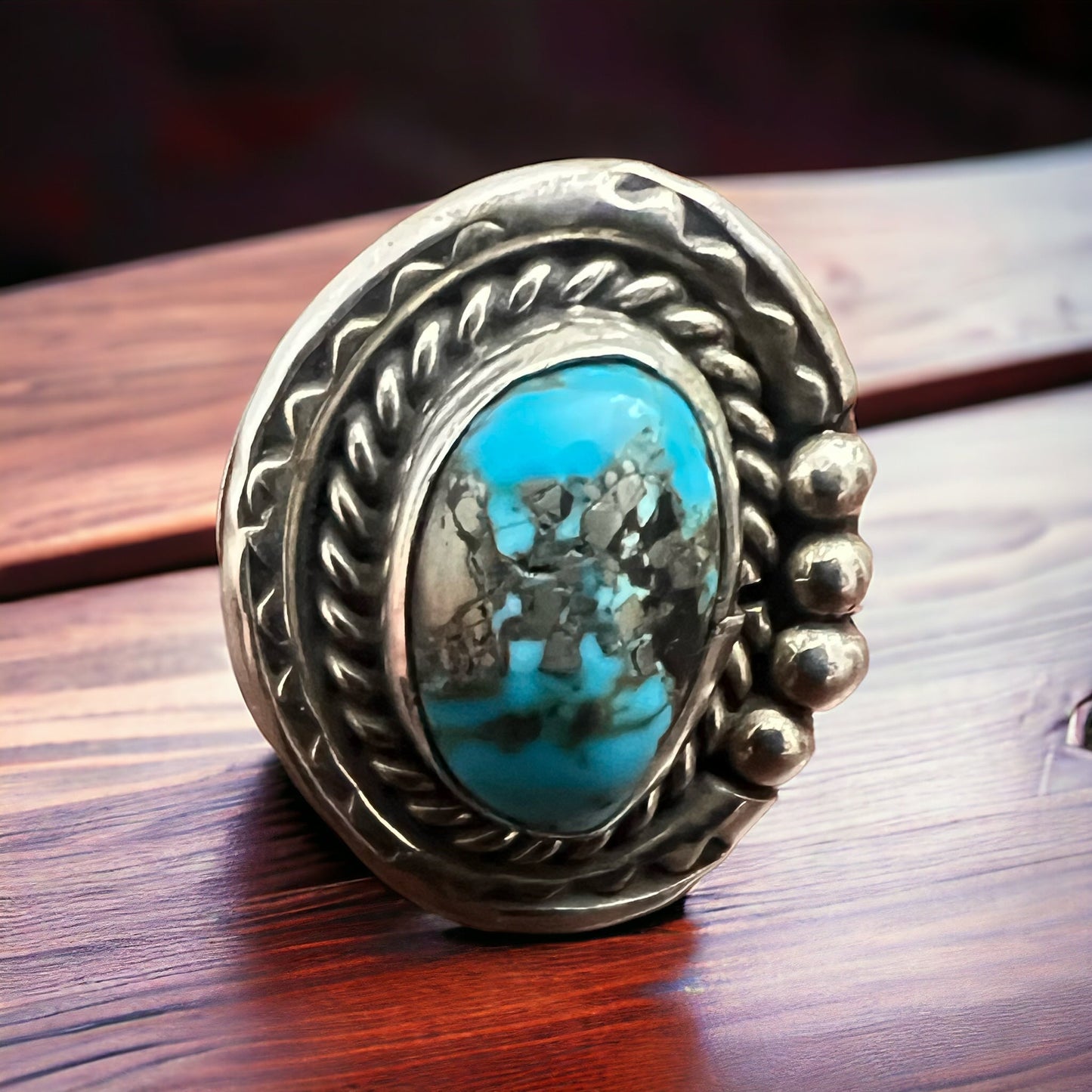 Annie Chapo Signed Vintage Navajo Sterling Turquoise Ring — Size 7 (Pyrite Matrix)