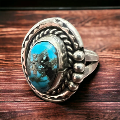 Annie Chapo Signed Vintage Navajo Sterling Turquoise Ring — Size 7 (Pyrite Matrix)