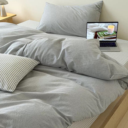 Light Gray Striped Cotton Duvet Cover Set