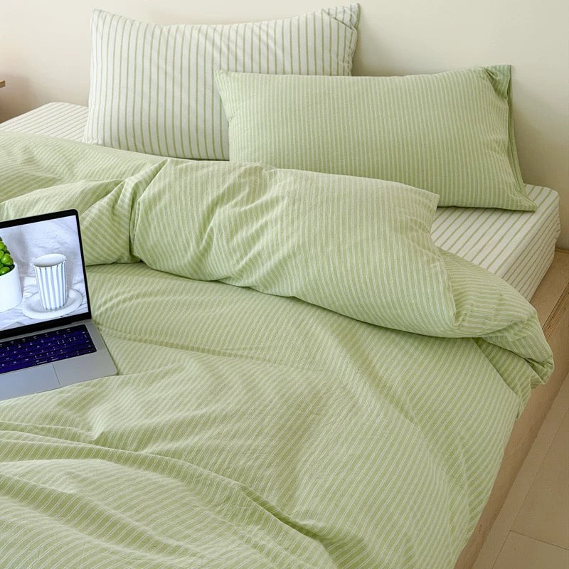 Pistachio Green Striped Duvet Cover Set