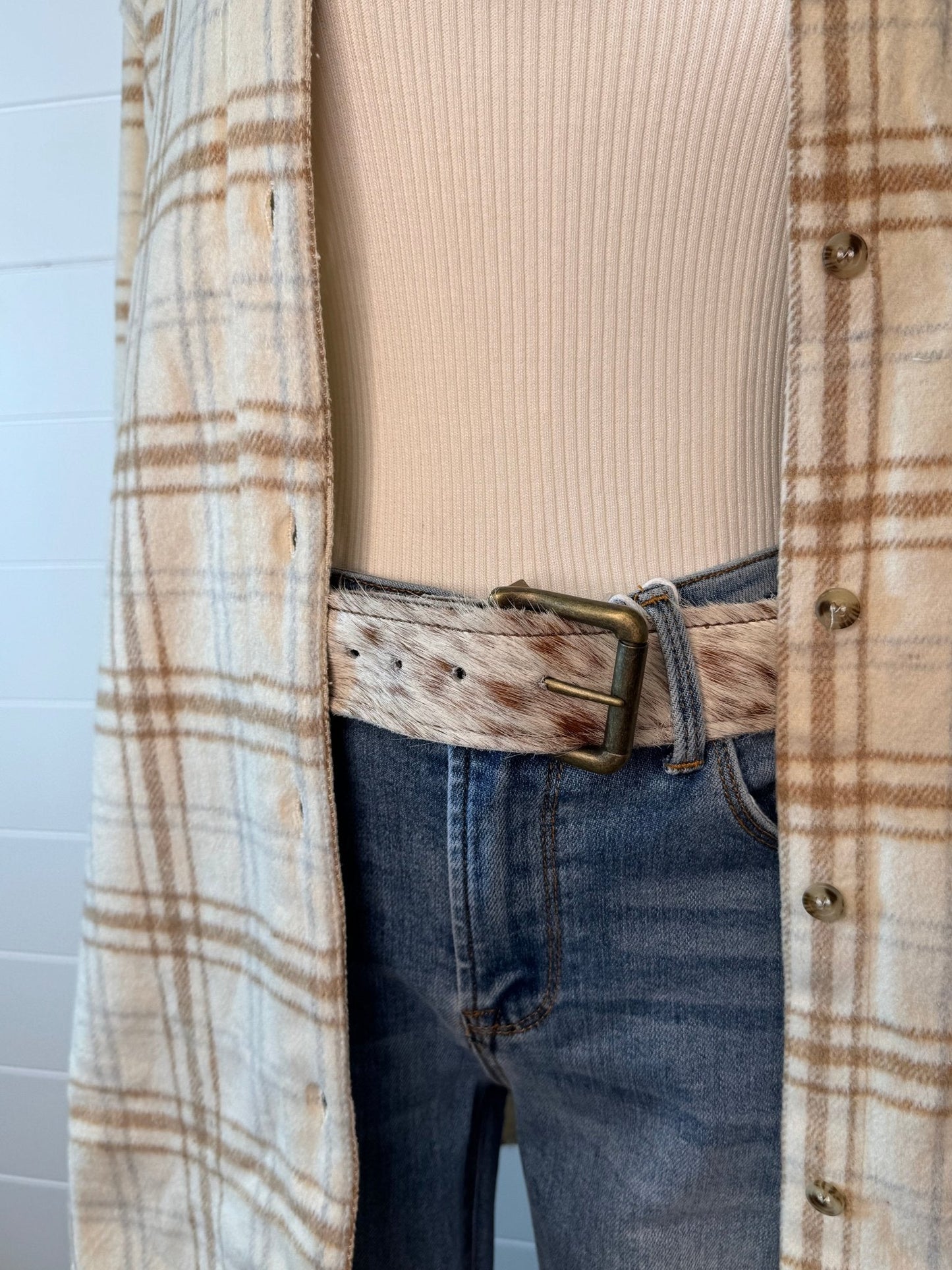Hair-on-Hide Tan Brindle Leather Belt — Antique Buckle, Large/XL rjemains