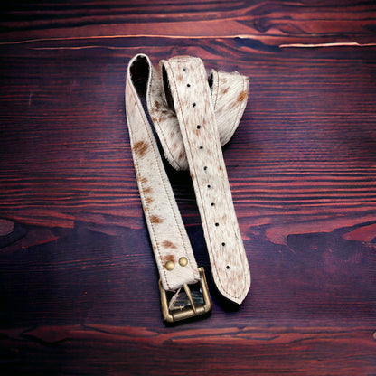 Hair-on-Hide Tan Brindle Leather Belt — Antique Buckle, Large/XL rjemains