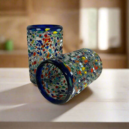 Confetti Pebbled Glass | Blue Rim Hand-Blown Mexican Tumbler