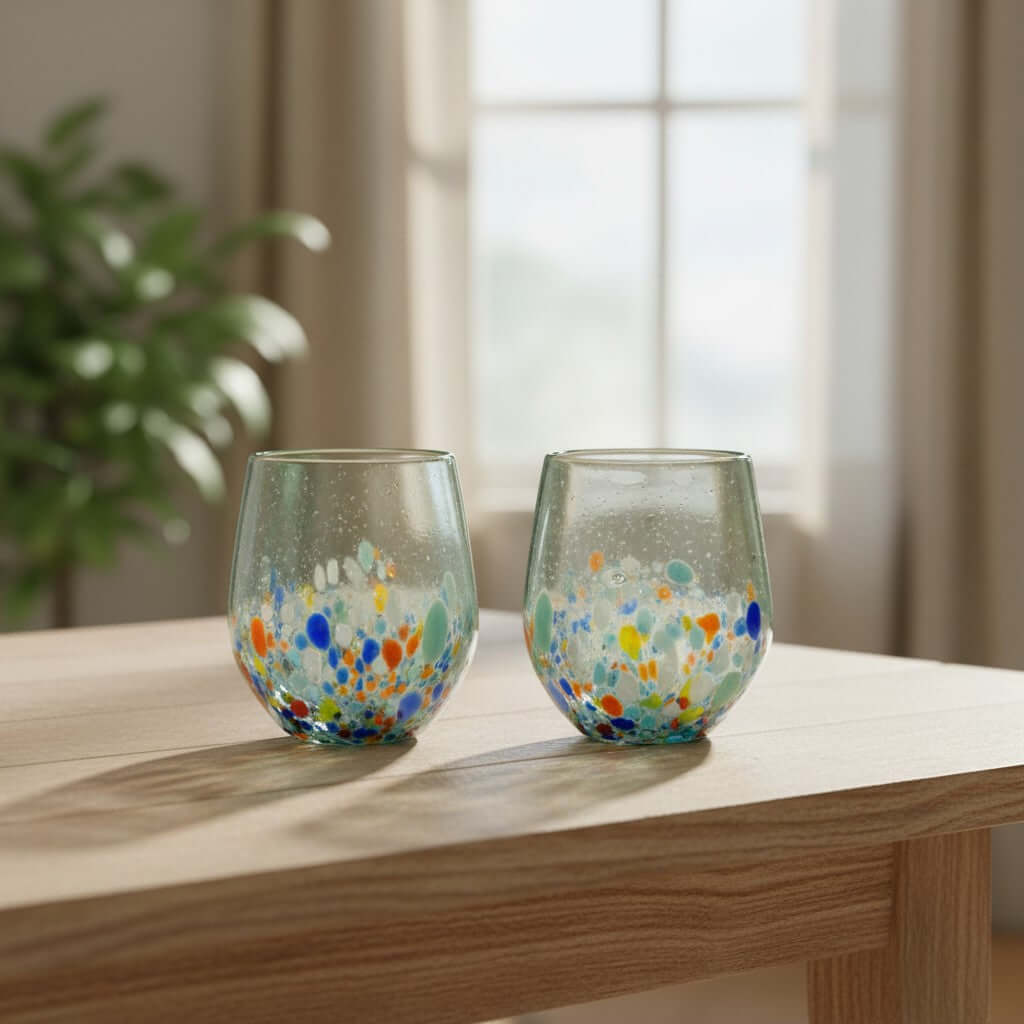 Hand-Blown Mexican Stemless Wine Glass | Confetti & Clear Design