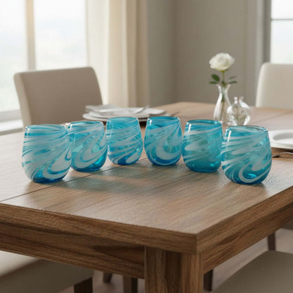 Hand-Blown Mexican Stemless Wine Glass | Teal White Swirl Design