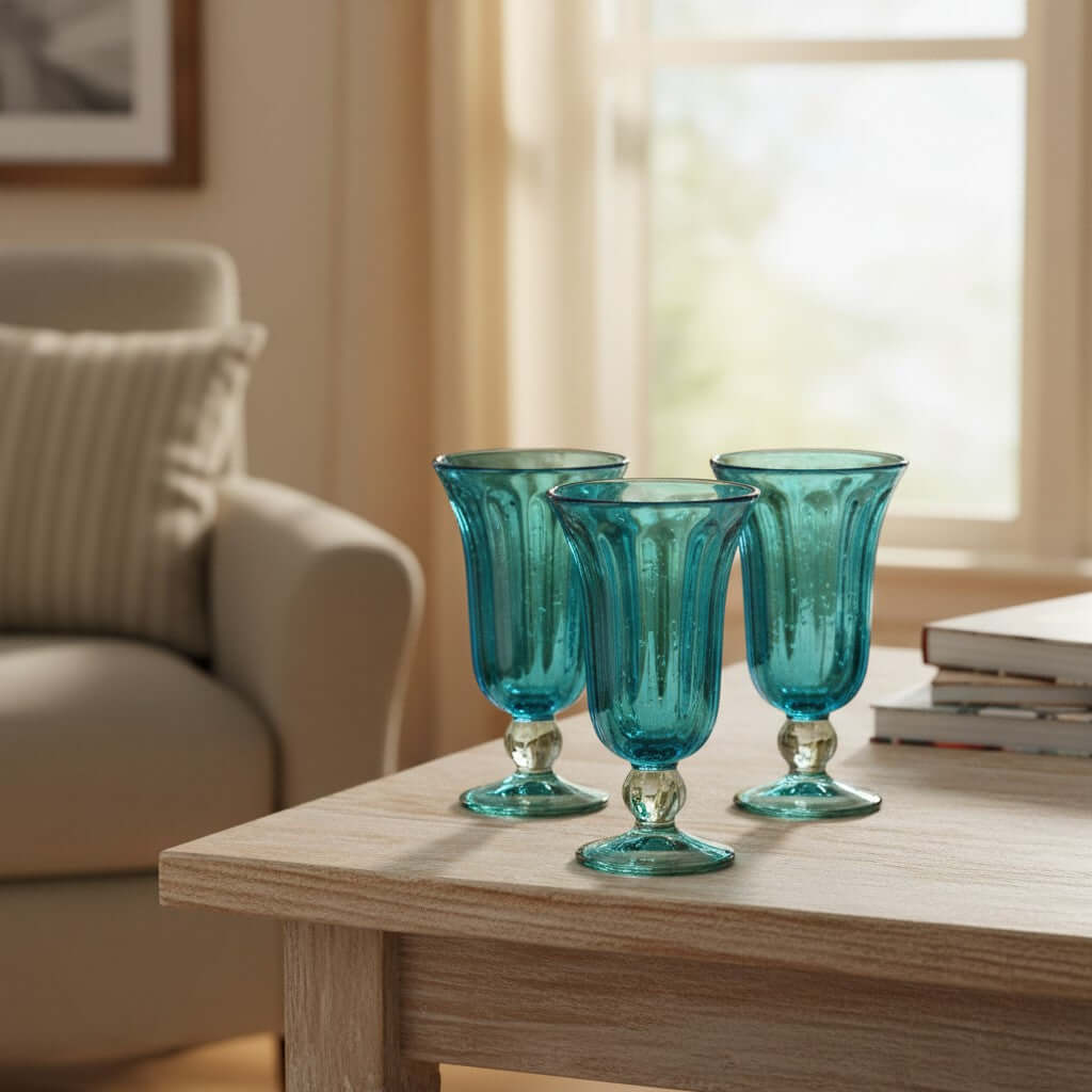 Hand-Blown Mexican Sundae Glass | Aqua Teal Fluted Design
