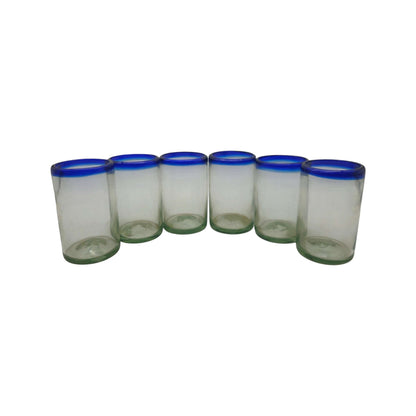 Hand-Blown Mexican Tumbler Glass | Cobalt Blue Rim Design