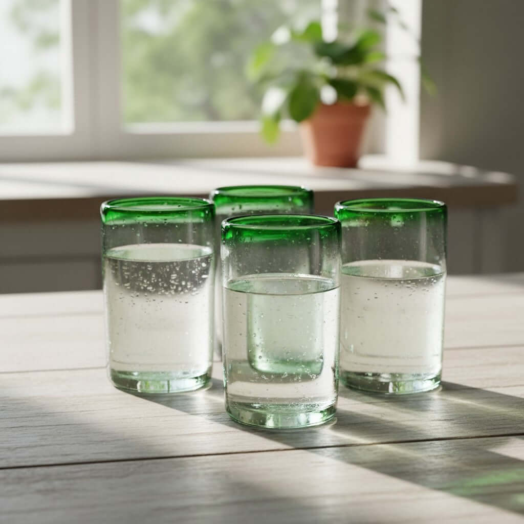 Hand-Blown Mexican Tumbler Glass | Emerald Green Rim