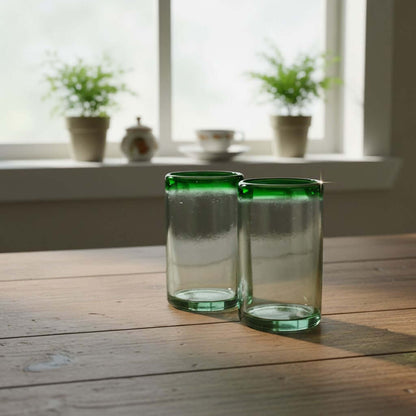 Hand-Blown Mexican Tumbler Glass | Emerald Green Rim