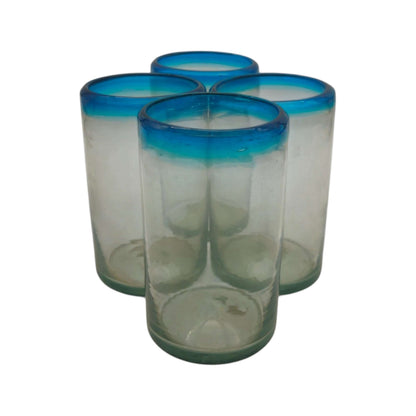 Hand-Blown Mexican Tumbler Glass | Teal Rim Design