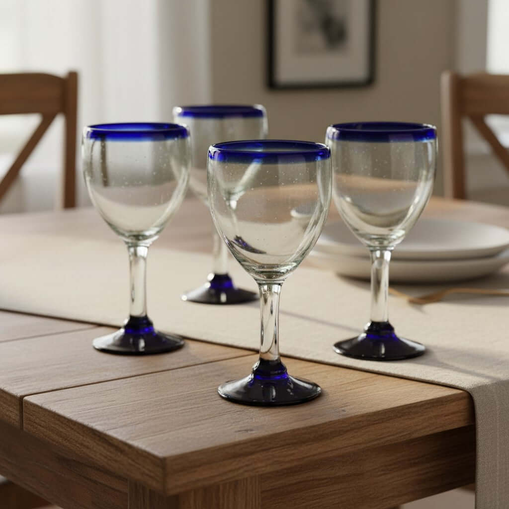 Hand-Blown Mexican Wine Glass | Cobalt Rim Design