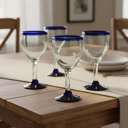 Hand-Blown Mexican Wine Glass | Cobalt Rim Design