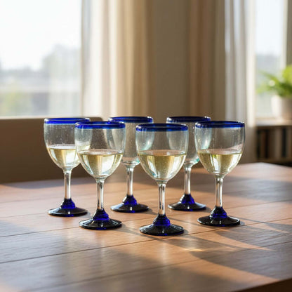 Hand-Blown Mexican Wine Glass | Cobalt Rim Design