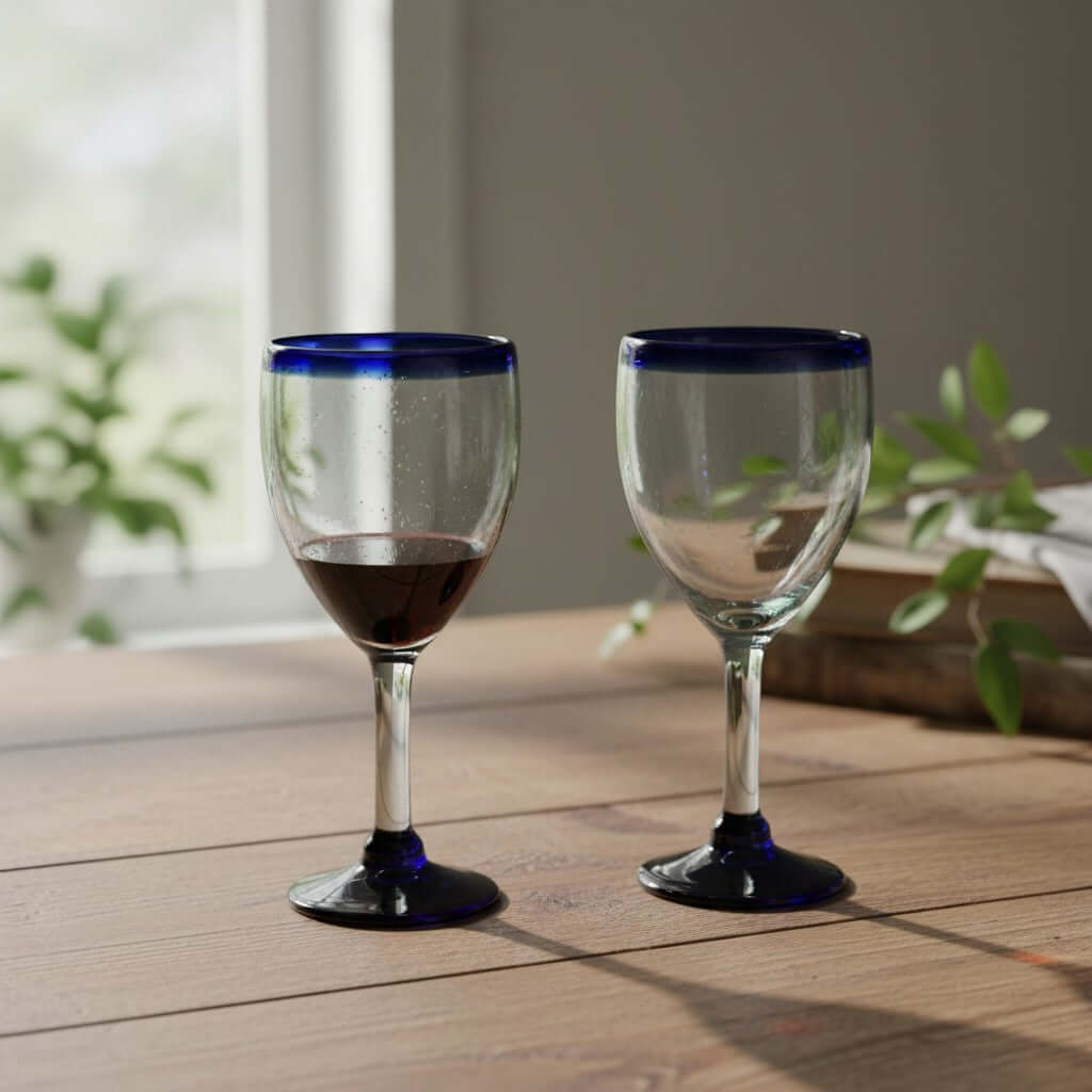 Hand-Blown Mexican Wine Glass | Cobalt Rim Design