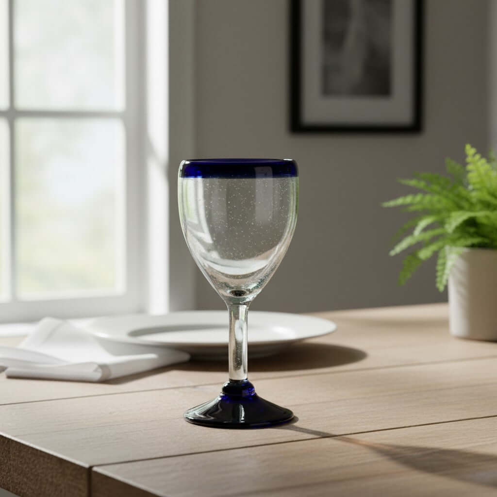 Hand-Blown Mexican Wine Glass | Cobalt Rim Design