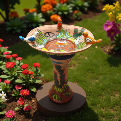 Hand-Painted Terracotta Talavera Bird Bath | Desert Garden Art