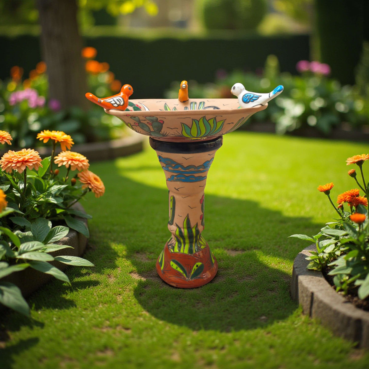 Hand-Painted Terracotta Talavera Bird Bath | Desert Garden Art