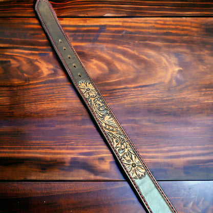 Hand-Tooled Western Leather Belt — Floral Design (32–36 Waist)